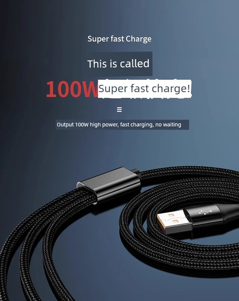 100W 6A USB Şarj Kablosu 3'ü 1 Arada - 2 Metre - Siyah - Tekli Paket - 9