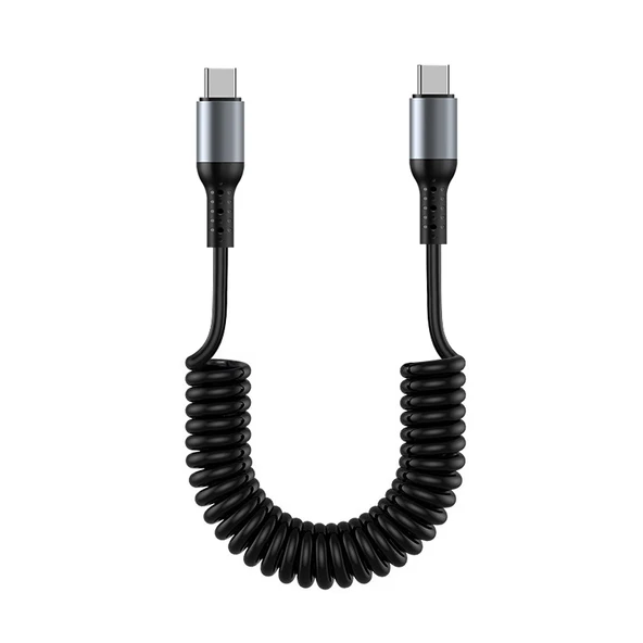 Çift Type C - Lightning Yaylı Teleskopik Araç Data Kablosu - Çift Type C Siyah 100W Alaşım - 6
