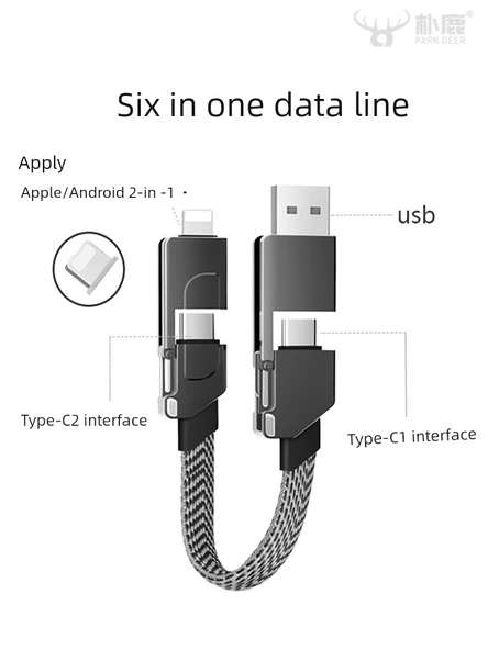 6'sı 1 Arada Anahtarlık Şarj ve Data Kablosu - 60W - Gümüş Gri Kapaklı - 4