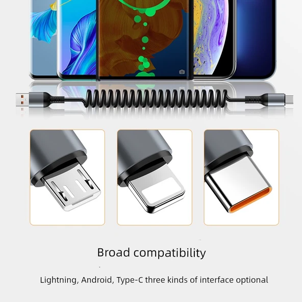 Çift Type C - Lightning Yaylı Teleskopik Araç Data Kablosu - Çift Type C Siyah 100W Alaşım - 4