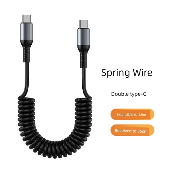 Çift Type C - Lightning Yaylı Teleskopik Araç Data Kablosu - Çift Type C Siyah 100W Alaşım