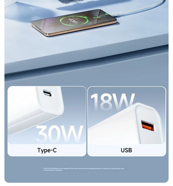 30W Çift Port GaN PD Hızlı Şarj Aleti - Uzak Tepe Mavi 1.0m Örgülü Kablo - Resim 9