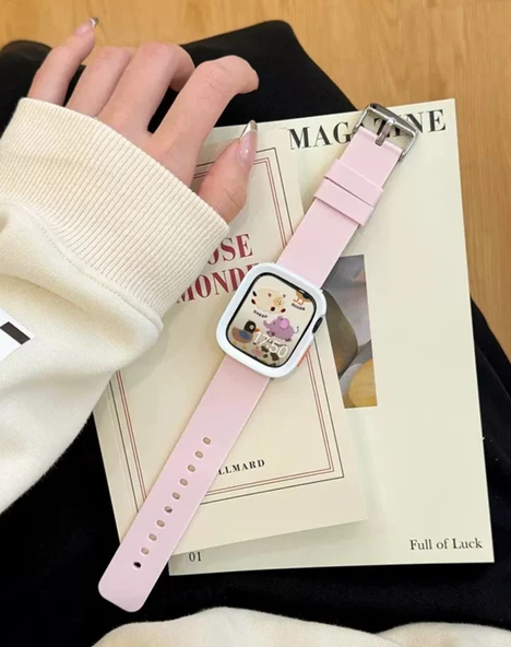 Apple Watch 38mm Pembe + Buzlu Beyaz Kasa Silikon Kordon