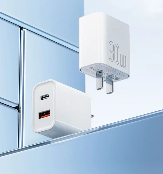 30W Çift Port GaN PD Hızlı Şarj Aleti - Uzak Tepe Mavi 1.0m Örgülü Kablo - Resim 5