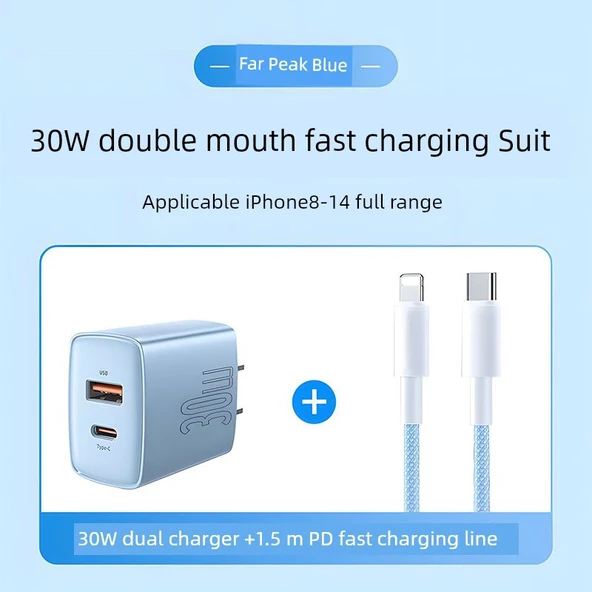 30W Çift Port GaN PD Hızlı Şarj Aleti - Uzak Tepe Mavi 1.5m Örgülü Kablo
