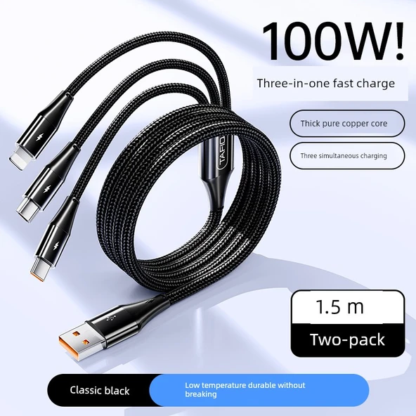 100W 6A USB Şarj Kablosu 3'ü 1 Arada - 1.5 Metre - Siyah - 2'li Paket