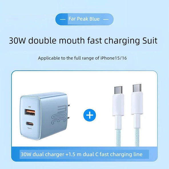 30W Çift Port GaN PD Hızlı Şarj Aleti - Uzak Tepe Mavi 1.5m Çift C Örgülü Kablo