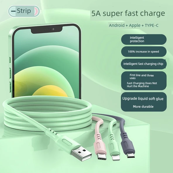 3'ü 1 Arada USB Şarj Kablosu - Sıvı Silikon 1.2m