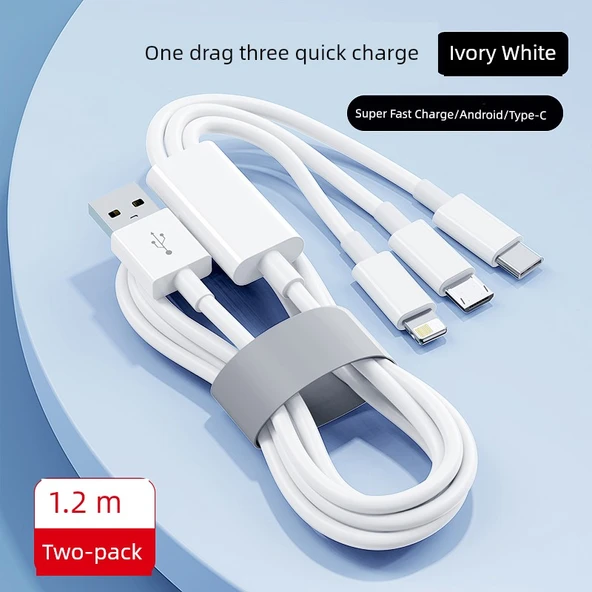 3'ü 1 Arada USB Şarj Kablosu - Saf Beyaz 66W Hızlı Şarj 1.2m