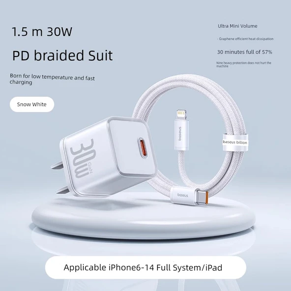 30W Beyaz Hızlı Şarj Aleti ve 1.5m PD Kablo (iPhone 6-14)