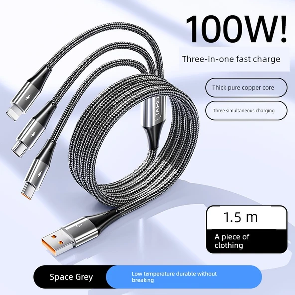 100W 6A USB Şarj Kablosu 3'ü 1 Arada - 1.5 Metre - Uzay Grisi - Tekli Paket