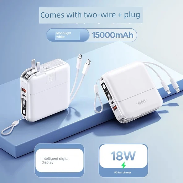 15000mAh Powerbank - Ay Işığı Beyazı, Normal Hızlı Şarj ve Fiş