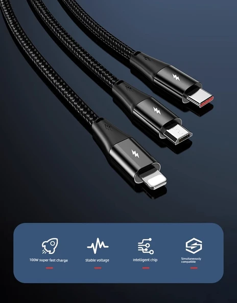 100W 6A USB Şarj Kablosu 3'ü 1 Arada - 1.5 Metre - Uzay Grisi - Tekli Paket - 10