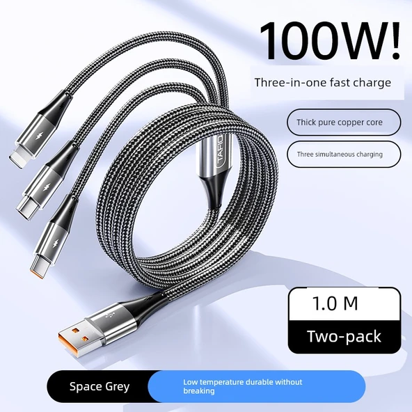 100W 6A USB Şarj Kablosu 3'ü 1 Arada - 1 Metre - Uzay Grisi - 2'li Paket