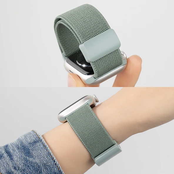 44mm Avokado Yeşili-4 Naylon Örgü Manyetik Apple Watch Kordon