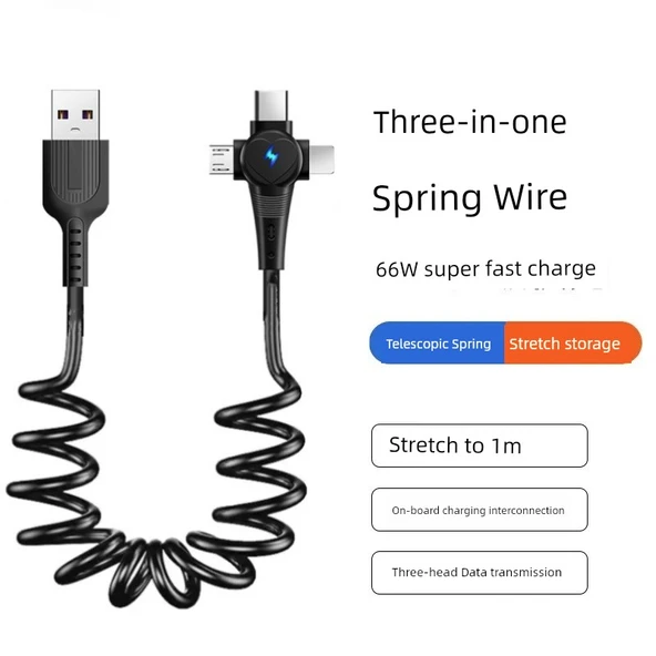 3'ü 1 Arada Süper Hızlı Şarj Düz Başlıklı Data Kablosu - Kısa Siyah USB (20cm-1m)