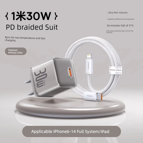 30W Titanyum Hızlı Şarj Aleti ve 1m PD Kablo (iPhone 6-14)