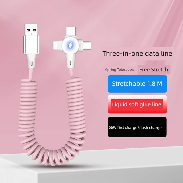 66W Süper Hızlı Şarjlı Işıklı Yaylı USB Kablo - Üçü Bir Arada Pembe 6A