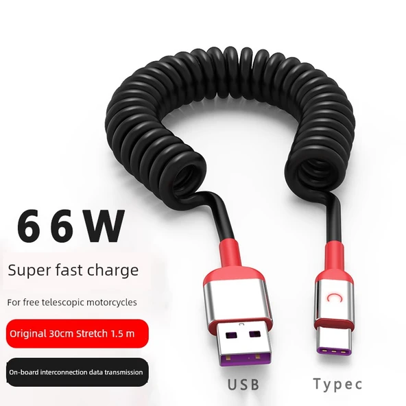 66W Süper Hızlı Şarjlı Işıklı Yaylı USB Kablo - Üçü Bir Arada Pembe 6A - 2