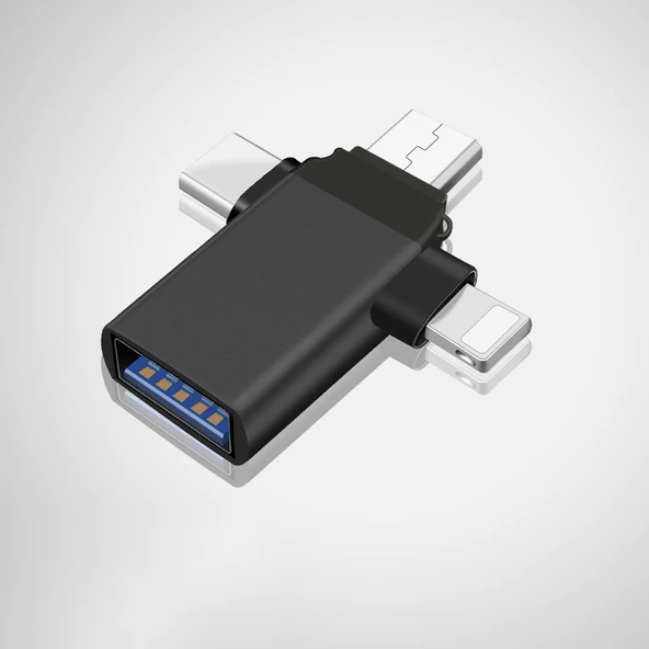 USB - Type-C Adaptör - Siyah Apple + Android + Type-C Üçü Bir Arada (U disk/fare/klavye için)