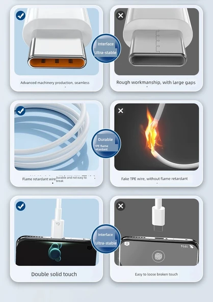 USB Type-C Şarj Kablosu - 1m 6A Süper Hızlı Şarj - Siyah - 9