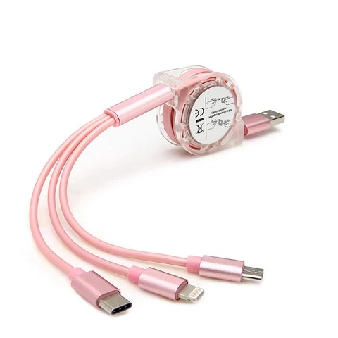 3'ü 1 Arada Çoklu Hızlı Şarj Data Kablosu - Sedefli Tek Çekmeli Üçlü (Rose Gold) 1 Metre