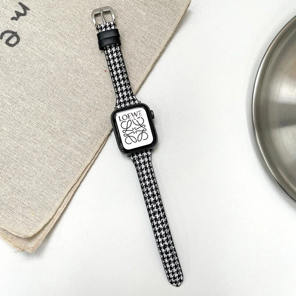 Ekose Desenli Deri Apple Watch Kordonu - 44mm Uyumlu 4/5/6/SE - Siyah Beyaz Kuş Desenli