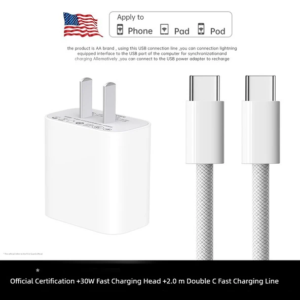 30W Hızlı Şarj Başlığı ve 2.0m Örgülü Kablo Seti - Çift USB-C