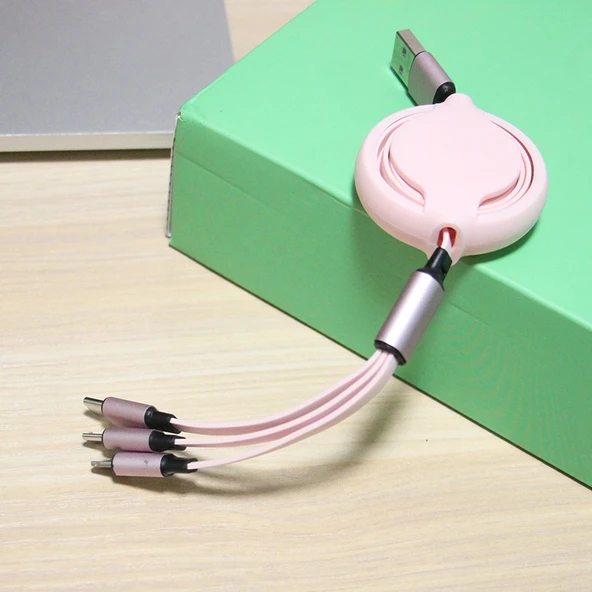 3'ü 1 Arada Çoklu Hızlı Şarj Data Kablosu - Sedefli 2'li-3'lü Süper Hızlı Şarj (Rose Gold) - Resim 4