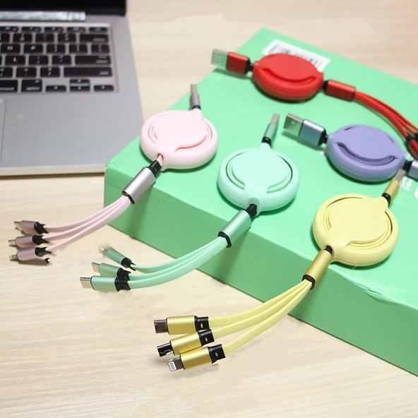 3'ü 1 Arada Çoklu Hızlı Şarj Data Kablosu - Sedefli 2'li-3'lü Süper Hızlı Şarj (Rose Gold) - Resim 2