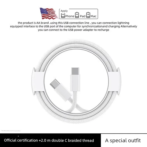 Çift USB-C Örgülü Hızlı Şarj Kablosu - iPhone 15-16 Serisi 2.0m