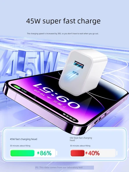 45W USB C Çift Port Hızlı Şarj Aleti - iPhone 8-14 Özel - 2.0m PD Kablolu - 2
