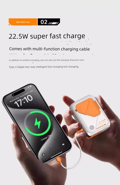 10000mAh Manyetik Kablosuz Powerbank - Turuncu (AC Fiş/Magsafe/Data Kablolu) - 7
