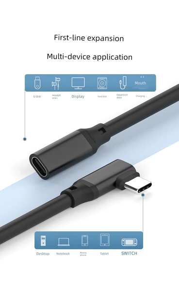 Type-C Erkek - Dişi 90 Derece Dirsek USB 3.1/3.2 Gen2 Data Kablosu 100W - 2m Düz Fiş - 8