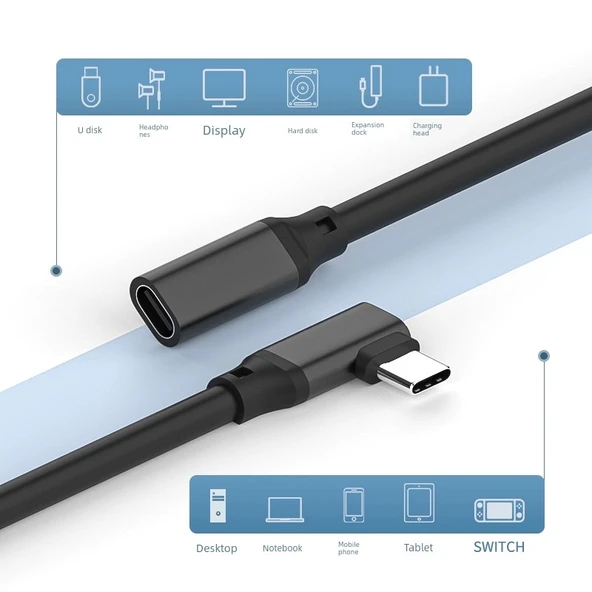 Type-C Erkek - Dişi 90 Derece Dirsek USB 3.1/3.2 Gen2 Data Kablosu 100W - 2m Tek Dirsek - 3