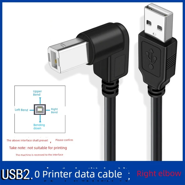 90 Derece Açılı USB 2.0 Yazıcı Kablosu - 0.3m - Sağ Dirsek USB2.0 Baskı Hattı