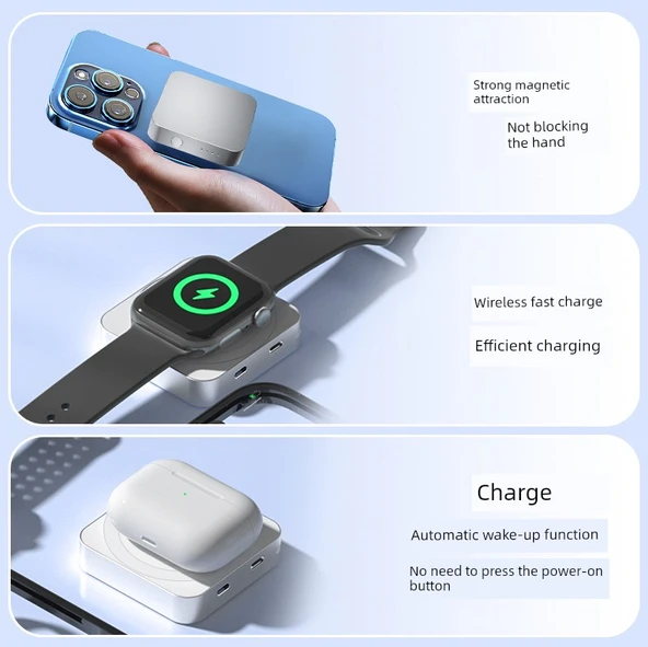 Üçü Bir Arada 5000mAh Kablosuz Powerbank - Kırmızı - 9