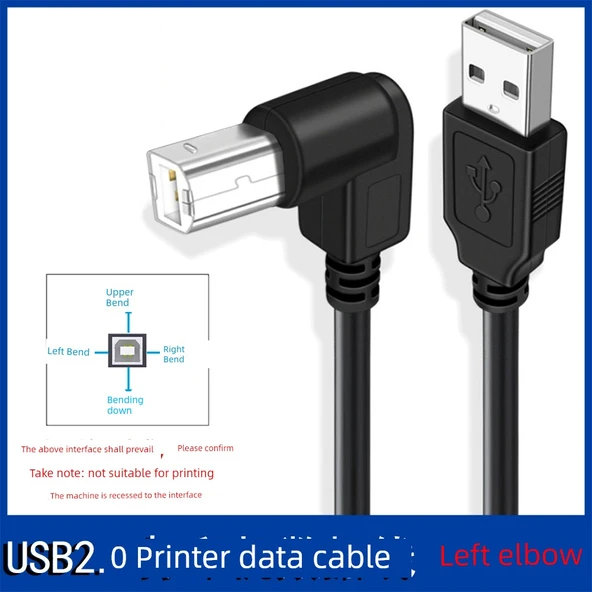 90 Derece Açılı USB 2.0 Yazıcı Kablosu - 0.3m - Sol Dirsek USB2.0 Baskı Hattı