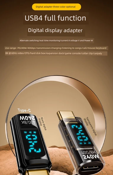 Dijital Ekranlı USB Adaptör - Siyah - PD240W - Düz - Type-C - 40Gbps - 8K - 7