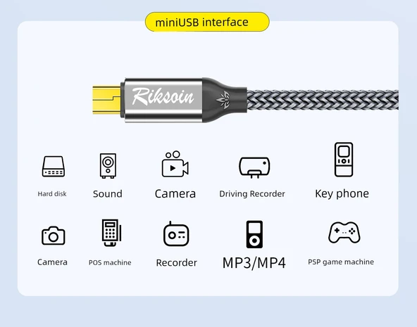 USB - Mini USB Data Kablosu 0.6m - Şık Gri Dokuma - T Şekilli Ağız - Tekli Paket - 9