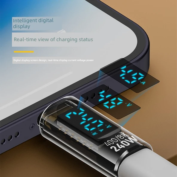 Dijital Ekranlı USB Adaptör - Şeffaf Mavi - PD140W - Düz - Type-C - 40Gbps - 8K - 6