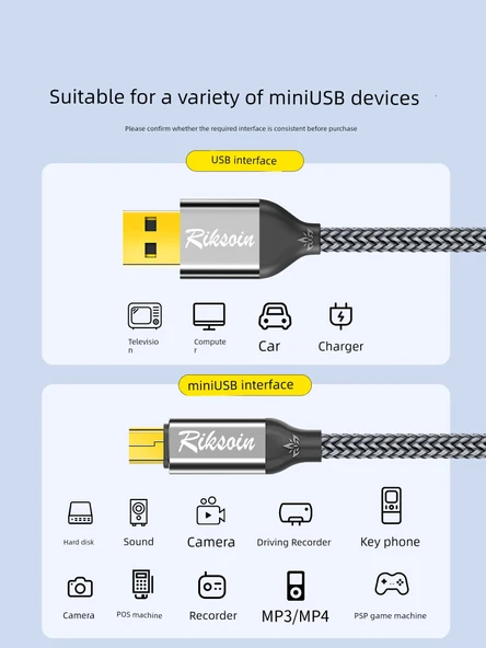 USB - Mini USB Data Kablosu 2.4m - Şık Gri Dokuma - T Şekilli Ağız - Tekli Paket - Resim 4