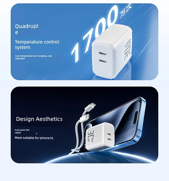 30W Çift Type-C PD Hızlı Şarj Aleti - Yıldız Beyazı, 1.0m Çift C Örgülü Kablolu - 7