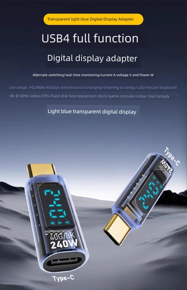 Dijital Ekranlı USB Adaptör - Şeffaf Mavi - PD140W - Düz - Type-C - 40Gbps - 8K - 9