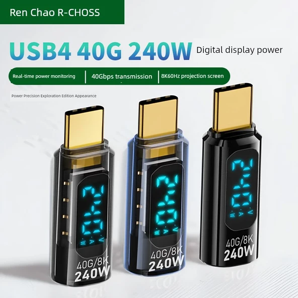 Dijital Ekranlı USB Adaptör - Metal Siyah - PD240W - Düz - Type-C - 80Gbps - 8K - 2