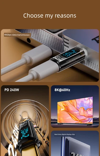 Dijital Ekranlı USB Adaptör - Siyah - PD240W - Düz - Type-C - 40Gbps - 8K - 11