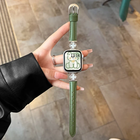 Huawei FIT2 Uyumlu Yeşil Deri Kayış - Dört Yapraklı Yonca Desenli