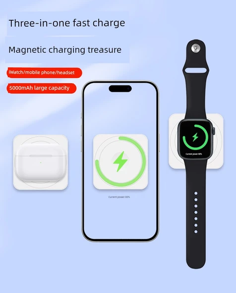 Üçü Bir Arada 5000mAh Kablosuz Powerbank - Kırmızı - 5