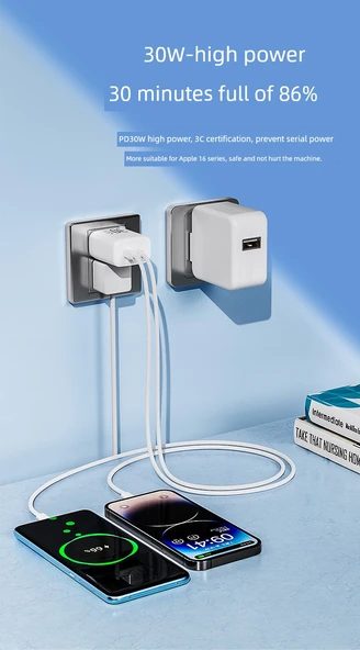 30W Çift Type-C PD Hızlı Şarj Aleti - Yıldız Mavisi, 1.5m Çift C Örgülü Kablolu - 9