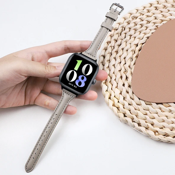 Honor Watch 5 Uyumlu Deri Kordon - Fil Grisi Altın Bağlantı